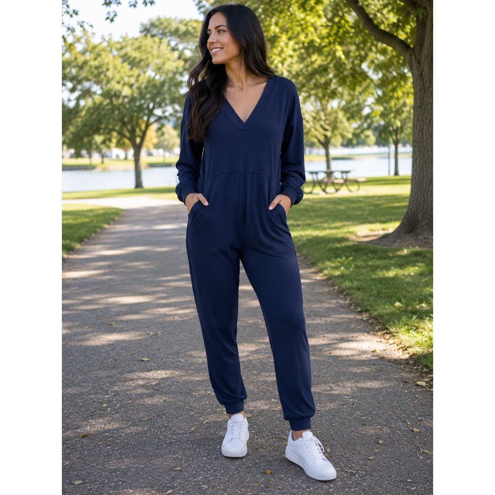Navy Blue V-Neck Long Sleeve Jogger Jumpsuit with Pockets Medium